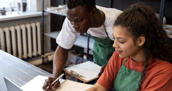 high angle people working together