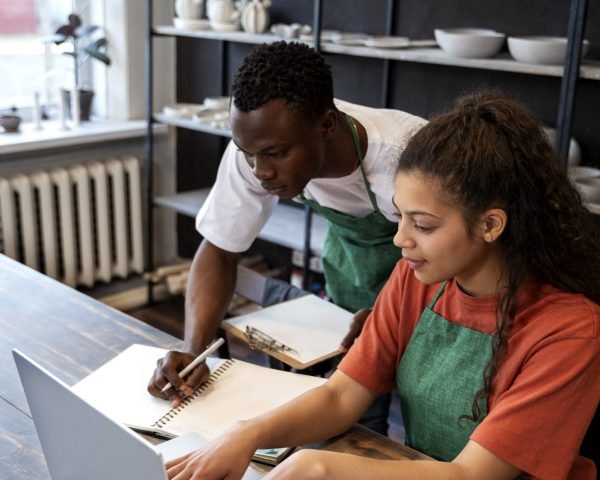 high angle people working together